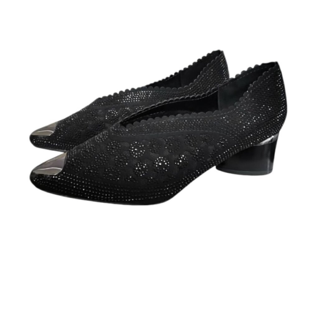 Black Mesh Rhinestone Sparkly Low Block Heel Comfort Pumps Sz 10 - Picture 2 of 10